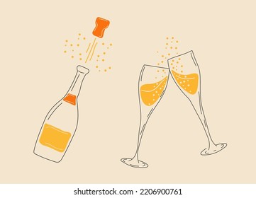 Two champagne glasses with champagne bottle. Vector in cartoon style. All elements are isolated	