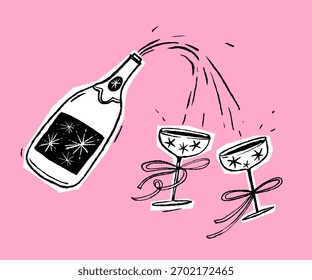 Dos copas de champán con arcos y botella, ilustración festiva del garabato del año nuevo, fondo rosado.