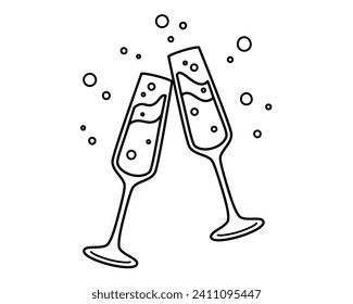 Two Champagne glasses with bubbles. A pair of glasses of sparkling wine as a symbol of Wedding, Christmas, New Year, Anniversary. Isolated Vector illustration.