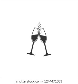 Two champagne glasses with bubbles vector icon. Sparkling wine toast glasses celebration icons.