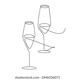 Two champagne glasses cheers line continuous drawing. Hand drawn drink vector illustration. Linear silhouette. Minimal design, print, banner, card, bar wall art poster, menu, logo, sketch.