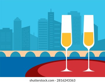 Two Champagne Glasses With Cityscape Background