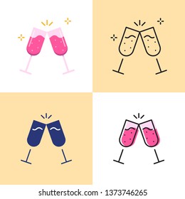 Two champagne glasses clink icon set in flat and line styles