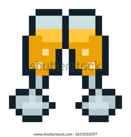 Two champagne glasses clinking in celebration in pixel style isolated on white background