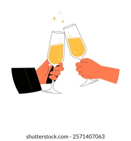 Two Champagne Glasses Clinking In Flat Vector Illustration Symbolizing Celebration, Festivity, And Toast, Isolated On White Background.