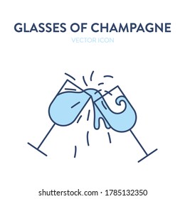 Two champagne glasses clinking icon. Vector illustration of two glasses filled with wine clinking and splashes, sparkles and drops all around. Concept of holiday event, party, celebration