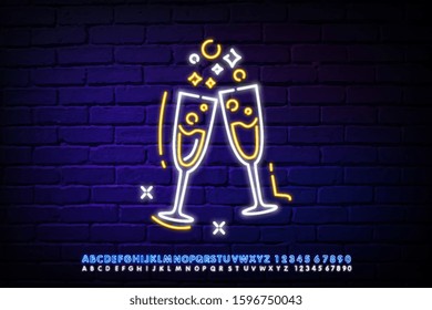Two champagne glasses clinking neon sign. Christmas party or advertisement design. Night bright neon sign, colorful billboard, light banner. Vector illustration in neon style.