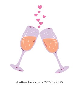 Duas taças de champanhe clinking com corações cor-de-rosa para brinde de celebração romântica