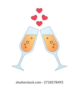 Two champagne glasses clinking with red hearts floating above them