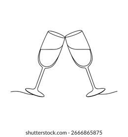 Two champagne glasses clinking in a single line drawing