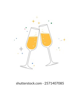 Two Champagne Glasses Clinking With Sparkling Wine In Flat Vector Illustration Symbolizing Celebration, Toast, And Festive Spirit, Isolated On White Background