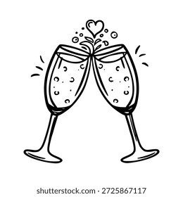 Dos copas de champán tintineando en un brindis con corazones Pequeños dibujados a mano doodle
