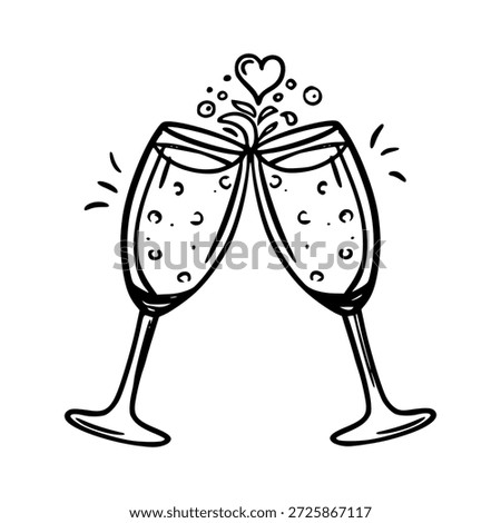 Two champagne glasses clinking in a toast with small hearts hand drawn doodle