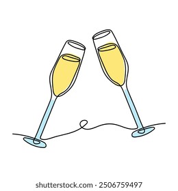 Two champagne glasses clinking together in celebration against a simple white background