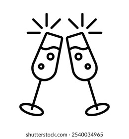 Two champagne glasses clinking together, representing celebration, party, or toast. Vector illustration. Editable stroke.