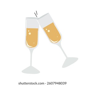 Two champagne glasses clinking together with bubbly drink inside, flat cartoon style on white background. Concept of celebration and party. Vector illustration