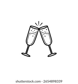 Two champagne glasses clinking together with sparkling stars isolated on white background