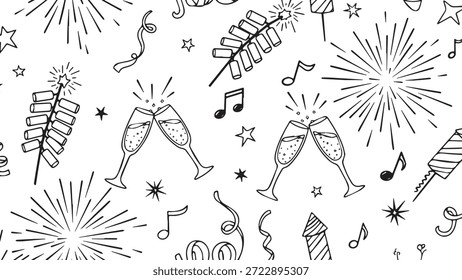 Zwei Champagnergläser, die in einem festlichen Toast zusammenklingen, umgeben von festlichen Elementen wie Feuerwerk und Konfetti.