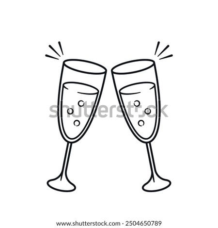 Two Champagne Glasses Clinking Together In Celebration. Vector Doodle Illustration Perfect For Festive Invitations
