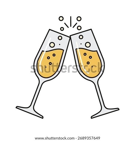 Two champagne glasses clinking together, filled with bubbly golden liquid and overflowing with celebratory bubbles.