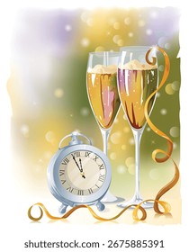 Two Champagne Glasses with Clock Striking Twelve Against Bokeh Background - Elegant New Year Celebration Template with Copyspace