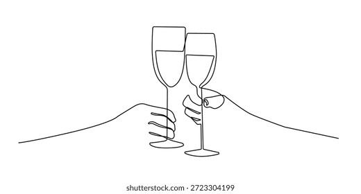 Dois Óculos De Champanhe Desenho Contínuo De Uma Linha. Design de cartão de saudação minimalista com óculos de vinho. Modelo de Estrutura de Tópicos de Feriado da Festa. Ilustração de vetor. Não é IA