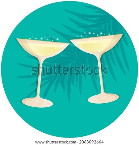Two champagne glasses coupes with sparkling vine vector illustration. Clinking glasses of saucer with champagne on the background silhouette of spruce. Two champagne bubbly flutes icon retro style.