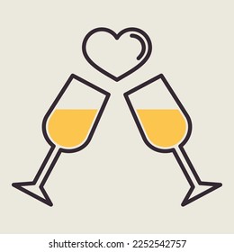Two champagne glasses couple love drink cheers icon. Valentine day symbol. Vector illustration, romance elements. Sticker, patch, badge, card for marriage, wedding
