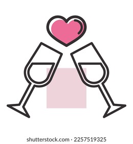 Two champagne glasses couple love drink cheers icon. Valentine day symbol. Vector illustration, romance elements. Sticker, patch, badge, card for marriage, wedding