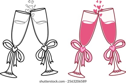 Two champagne glasses decorated with pink ribbons and small heart clinking together, symbolizing celebration or a toast.Tiny pink hearts rise from the clinking glasses. Vector illustration.