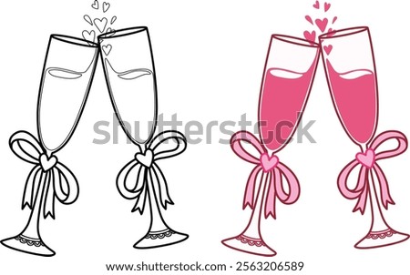 Two champagne glasses decorated with pink ribbons and small heart clinking together, symbolizing celebration or a toast.Tiny pink hearts rise from the clinking glasses. Vector illustration.