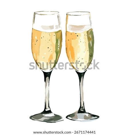 Two champagne glasses filled with a golden, bubbly liquid. The glasses are tall and slender, with a watercolor painting style.