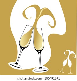 Two champagne glasses or flutes making a toast with splash in the shape of heart. Easy editable layered vector illustration