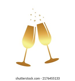 Two champagne glasses of golden color and bubbles.