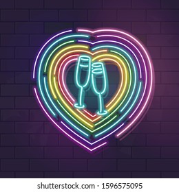 Two champagne glasses inside rainbow love shape. Neon illustration for LGBT new party, pride, anniversary. Fluorescent line image for social network post, t-shirt, poster.