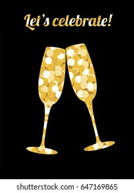 Two champagne glasses made of golden sequins on a black backdrop and text Let’s celebrate