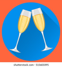 Two champagne glasses on blue round background. Happy New Year and Merry Christmas celebration. 