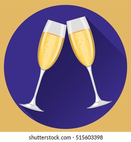 Two champagne glasses on violet  round background. Happy New Year and Merry Christmas celebration.  Modern flat design. EPS10