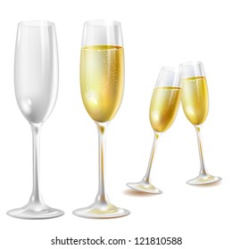 Two champagne glasses over white background