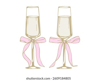 Two champagne glasses with pink bows. Hand drawn vector illustration isolated on white background. Wedding celebration and romantic event concept. Design for invitation, greeting card, postcard