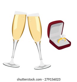 Two champagne glasses and red opened jewelry box with golden diamond ring vector illustration. Champagne toast. Engagement ring