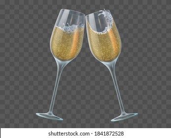 Two champagne glasses. Toast of wineglasses with sparkling transparent white wine and bubbles. Christmas, new year isolated vector elements. Champagne wineglass to new year celebration illustration
