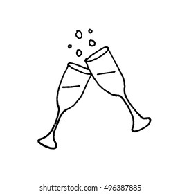 Two Champagne glasses toasting celebration - black and white simple outline vector hand drawn illustration. Wedding, birthday, anniversary, cheers