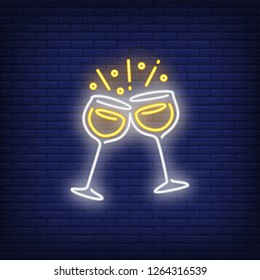 Two champagne goblets clinking and sparkling neon sign. Celebration design element. Night bright neon sign, colorful billboard, light banner. Vector illustration in neon style.