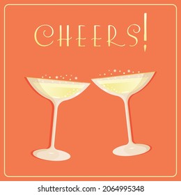 Two champagne saucer glasses with bubbles Art Deco Style. Cheers vintage card vector illustration on coral rose background. Clinking champagne coupe glasses retro poster with bubbly sparkling vine.