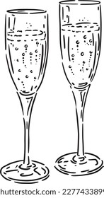 Two champagne sparkling wine prosecco glasses celebration cheers new years engagement party toast congratulations wedding anniversary black and white pen and ink hand drawn drawing line drawing vector