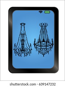 Two chandelier on background plate. Free hand drawn. Vector illustration. 