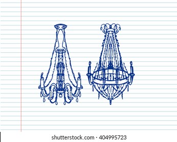 Two chandelier on copybook background. Free hand drawn. Vector illustration. 