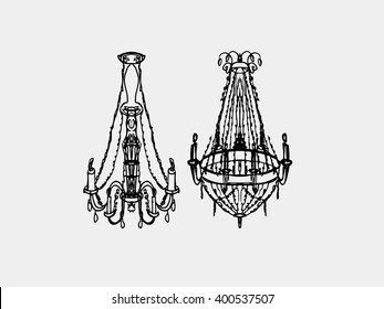 Two chandelier on grey background. Free hand drawn. Vector illustration. 