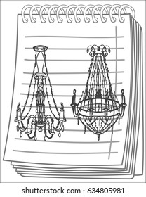 Two chandelier on notebook background. Free hand drawn. Vector illustration. 